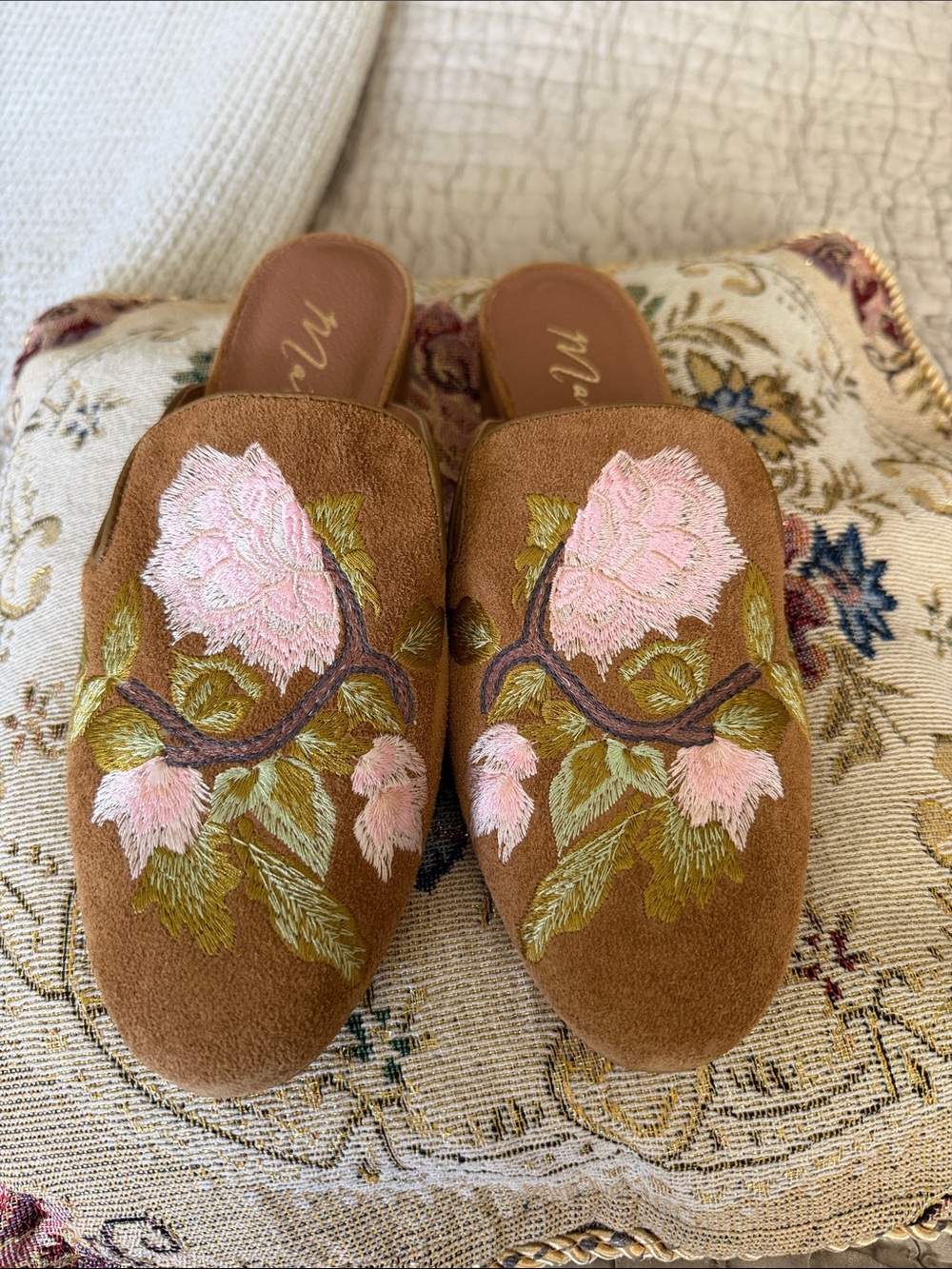 Matisse Brown Suede Mules with Pink Floral Embroidery
